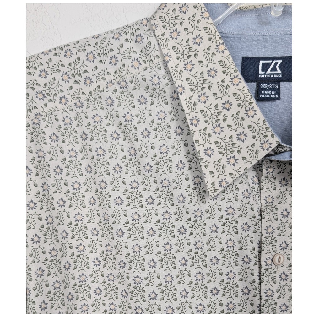 Cutter & Buck Button Down Shirt Mens 3XB Cream Floral Long Sleeve‎